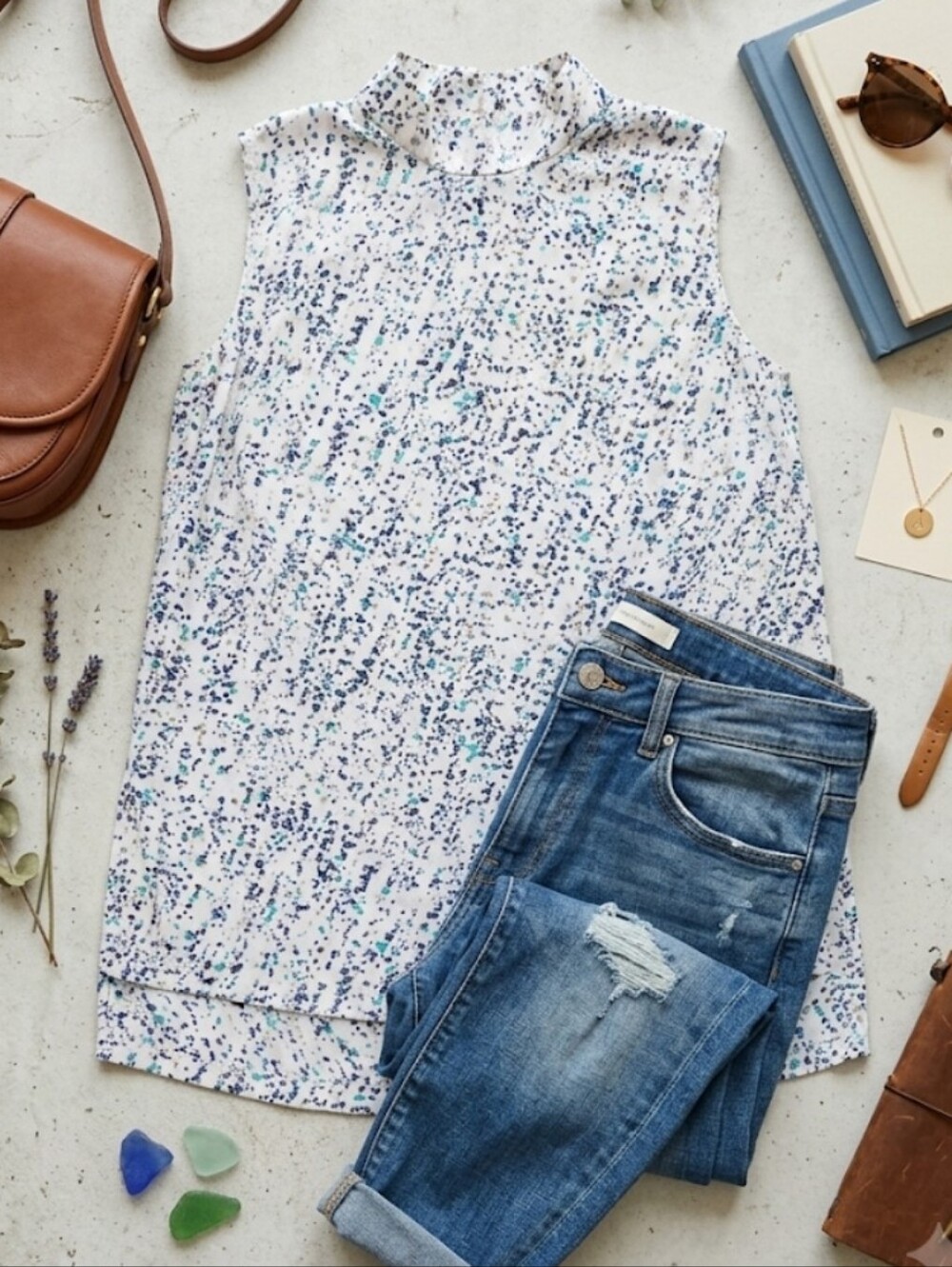 Prologue White Mock Neck Sleeveless Camisole with Blue Speckle